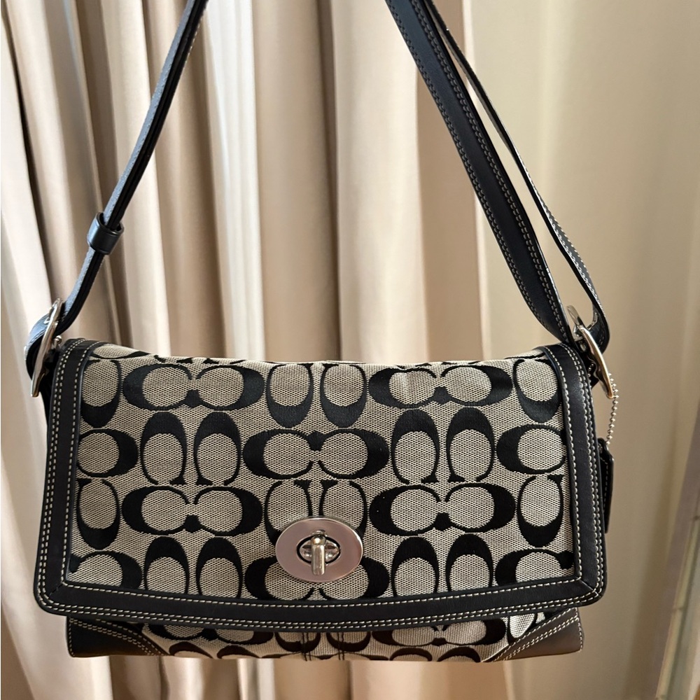 Coach Black and Tan Signature Shoulder Bag